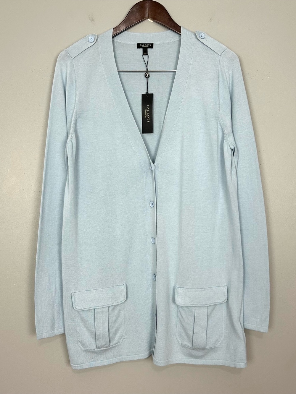 Talbots Long Line Cardigan Sweater Women’s Size L Cotton Blend Button Front Blue